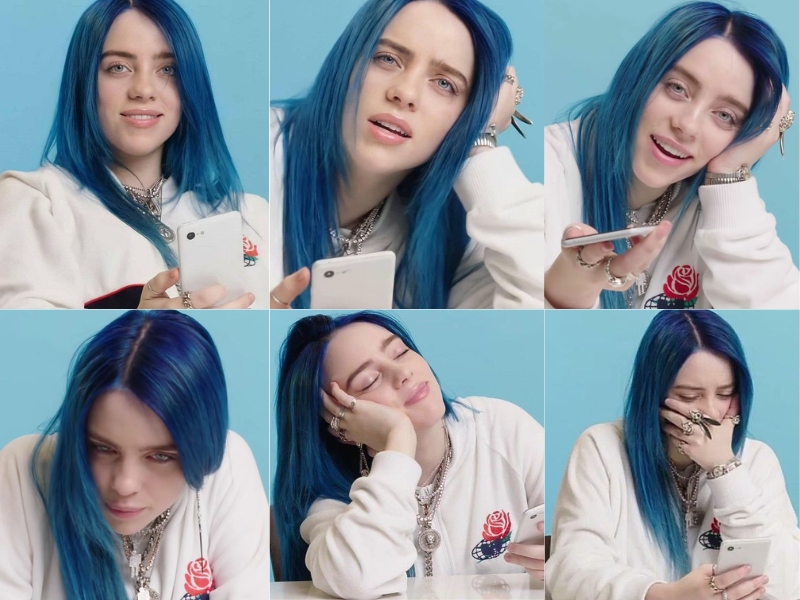 Billie Eilish no makeup with blue hair