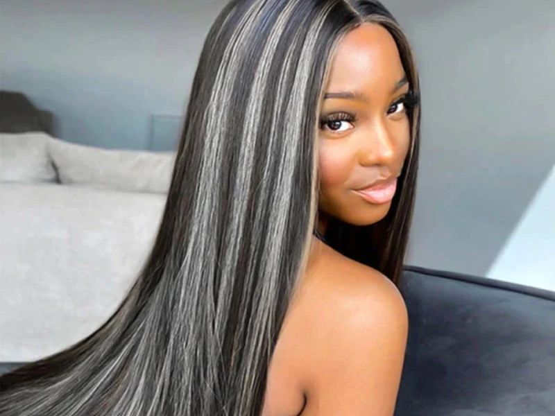 Icy platinum highlights on black hair