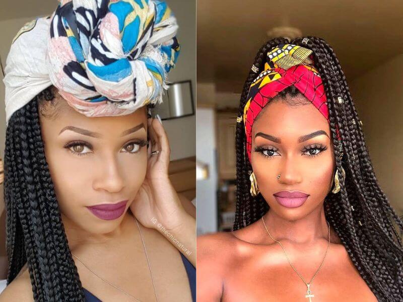 Box braids styled in a scarf