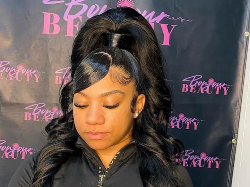 Half up half down hairstyle weave with swoop bangs