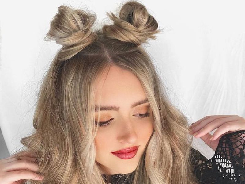 Space bun up down hairstyle with weave