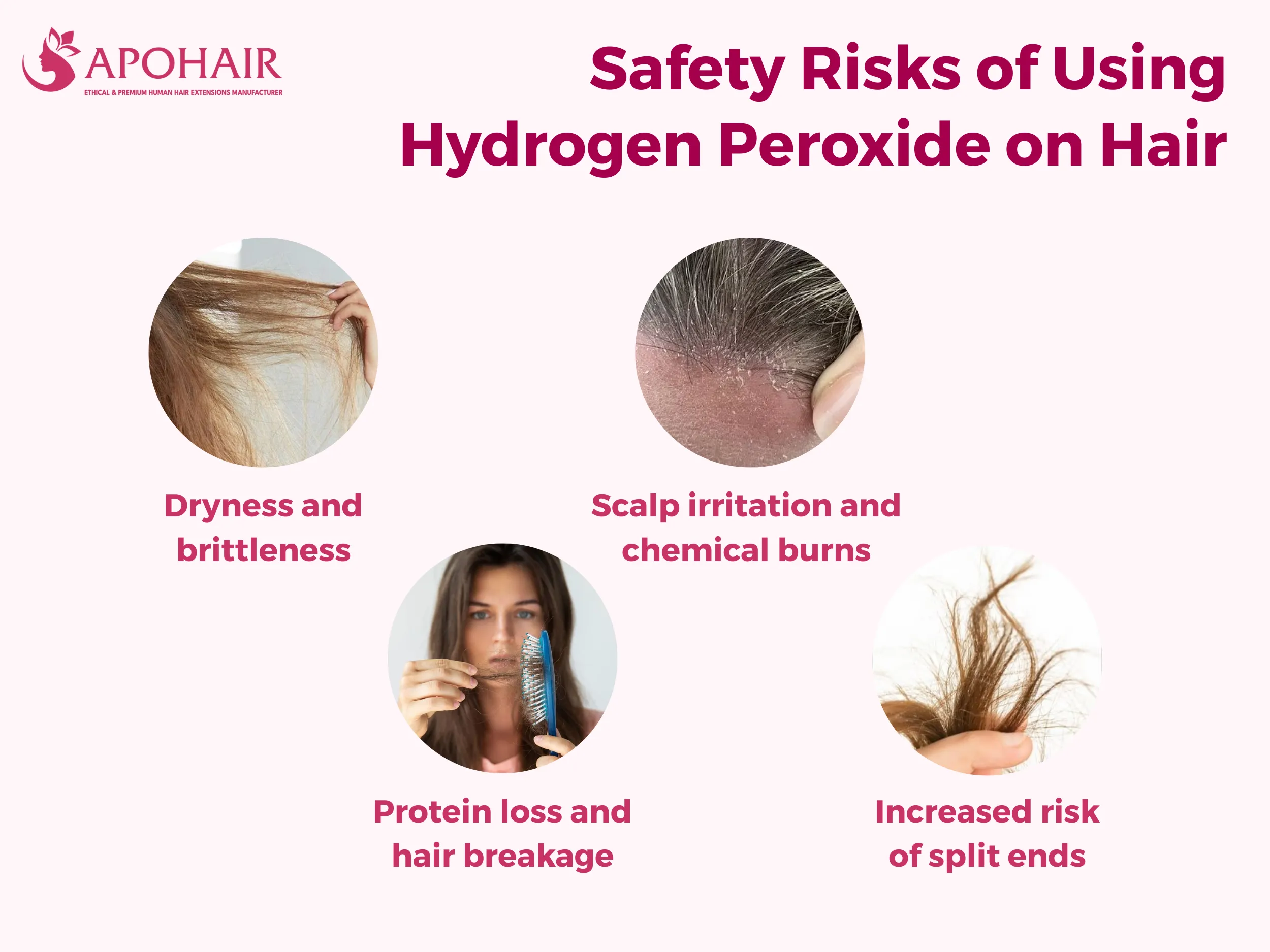Hydrogen peroxide can cause dryness, scalp irritation, protein loss, and breakage if used improperly