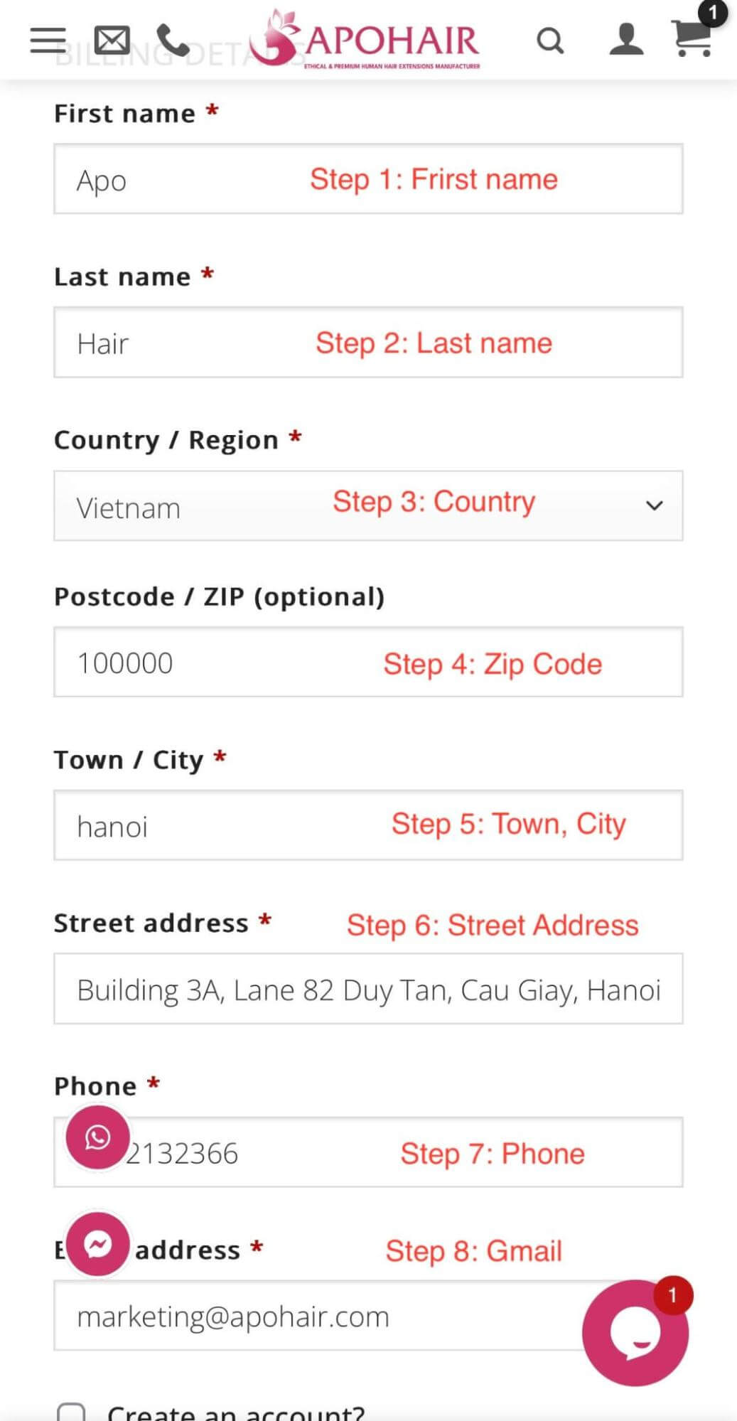 Fill in delivery address information