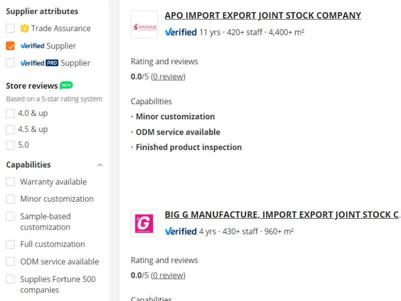 Filter out the verified supplier on Alibaba