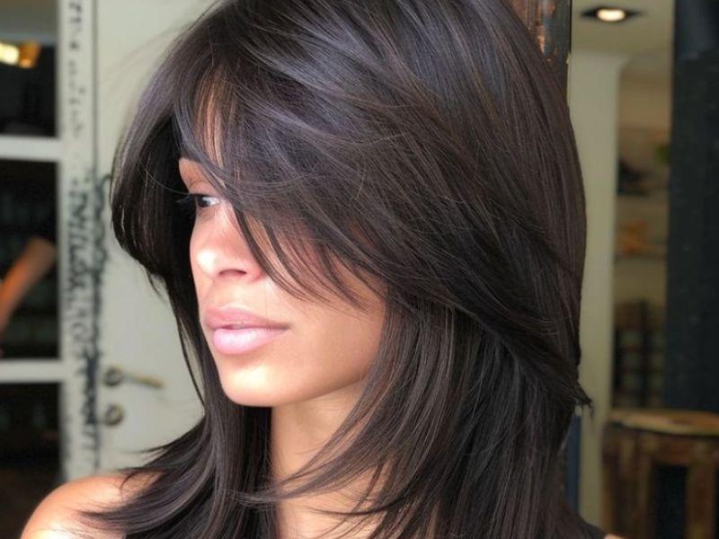 Straight sew in with side-swept bangs