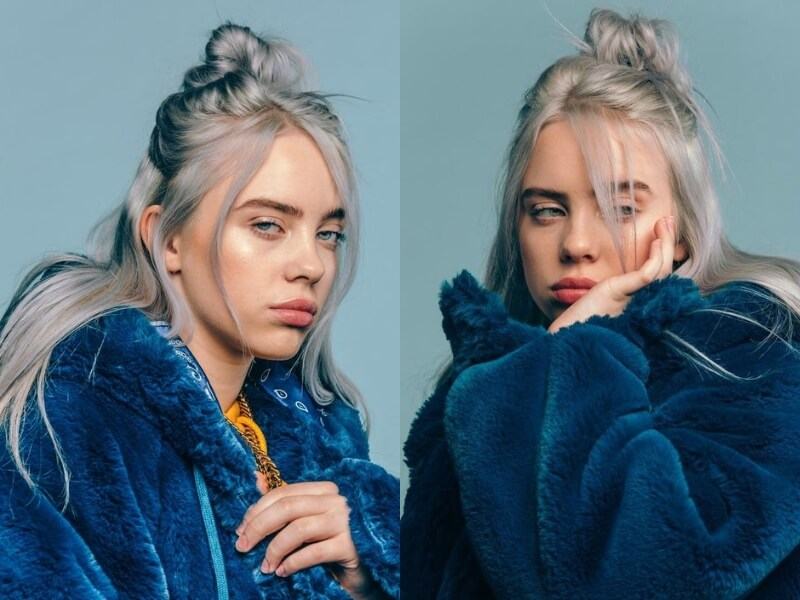 Billie Eilish hairstyles: Icy half-up top knot