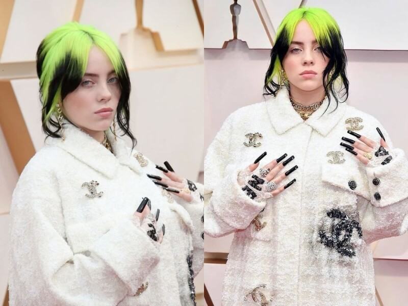 One of Billie Eilish hair styles: Two-toned updo with neon roots