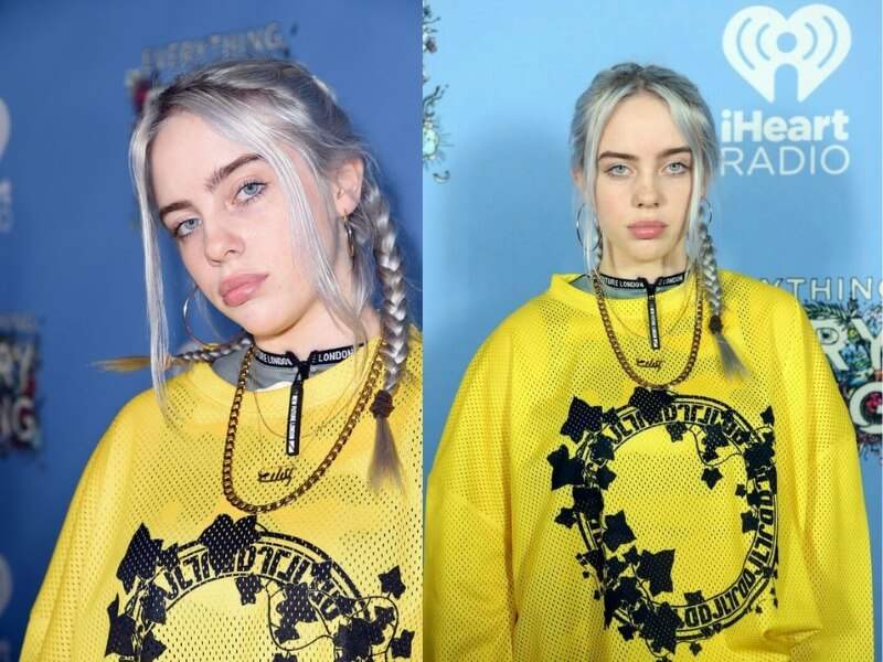 Billie Eilish hairstyles: Pigtail braids with silver