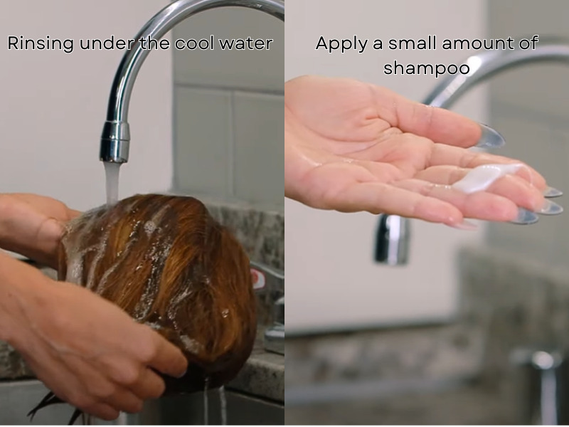 Rinsing hair wig and applying shampoo