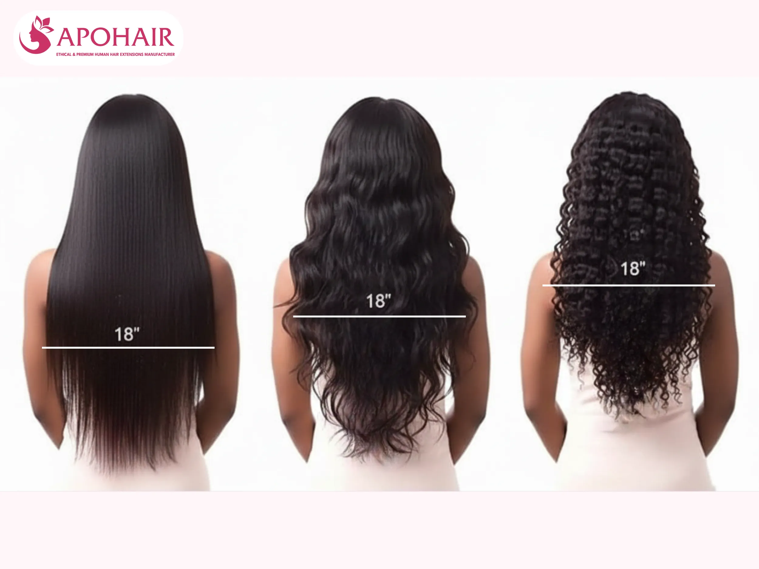 18-inch hair displays three distinct appearances based on texture: straight, wavy, and curly