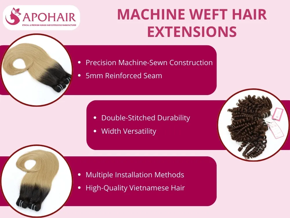 Machine-weft extensions are durable, Vietnamese hair sewn into thick strips