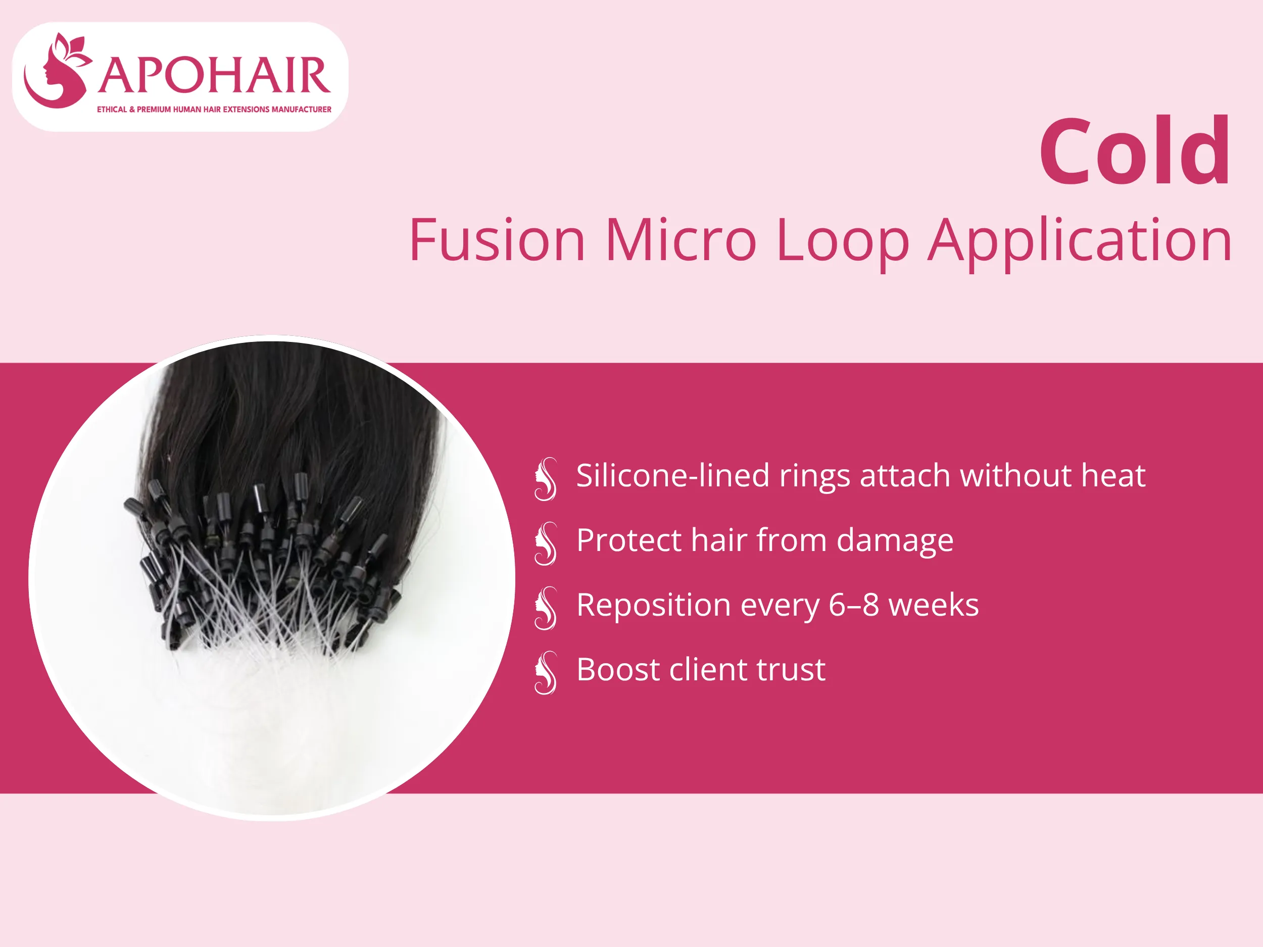 Silicone-lined rings secure extensions without heat, preventing hair damage