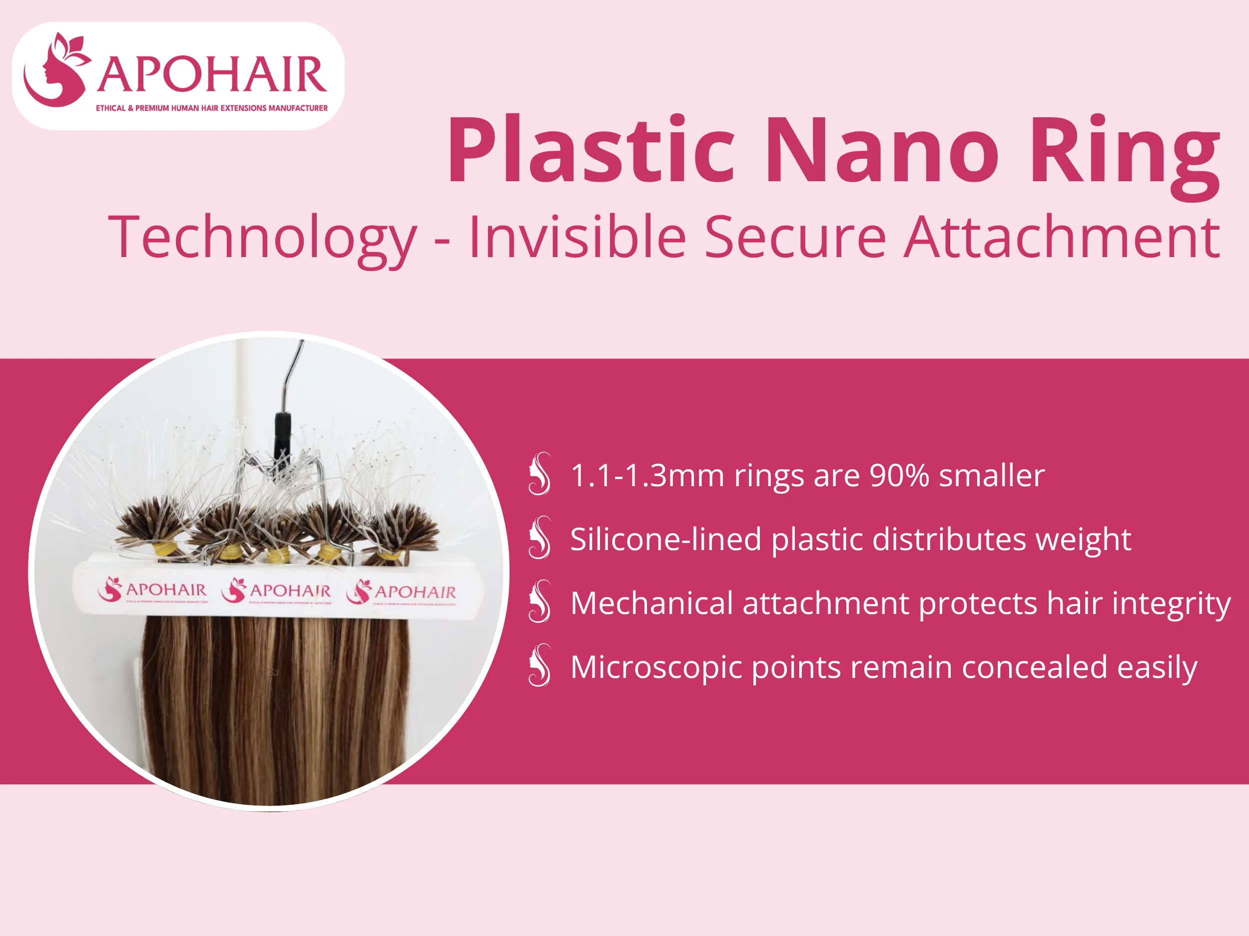 Medical-grade silicone-lined plastic rings measuring just 1.1-1.3mm diameter provide 90% size reduction