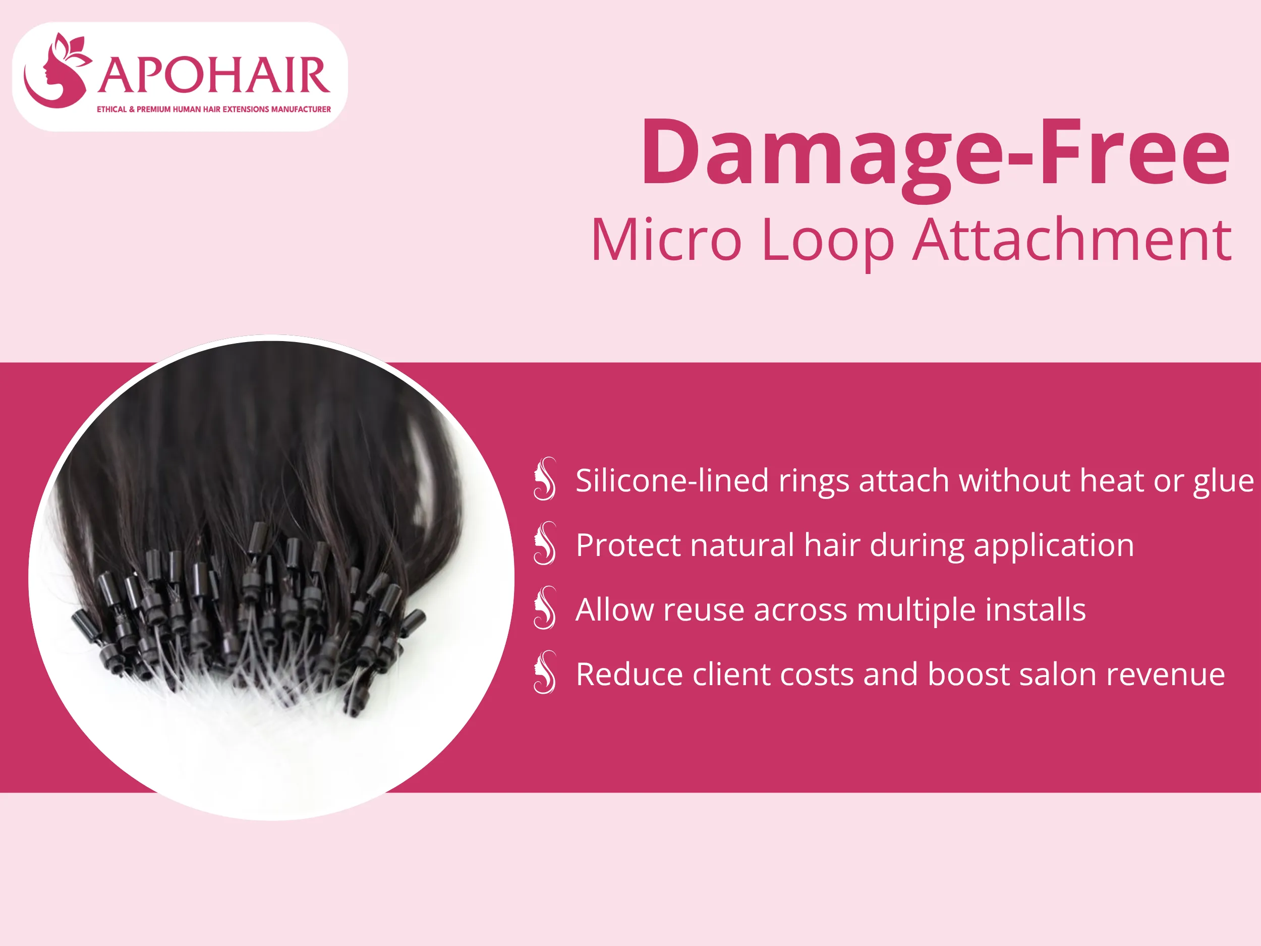 Silicone-lined metal rings secure extensions without heat or adhesives, protecting natural hair