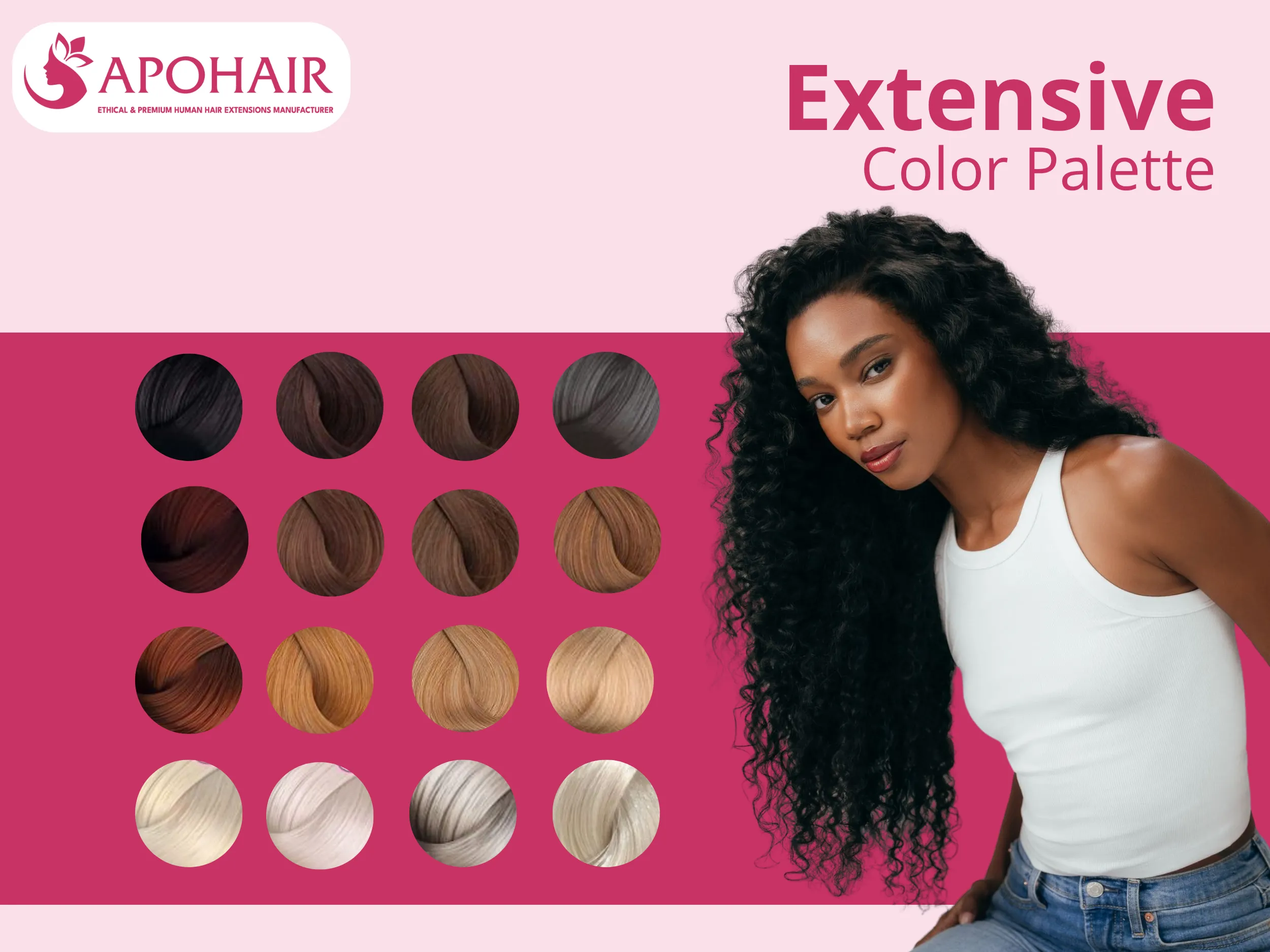 From natural black through platinum blondes, APOHAIR offers 40+ ready-to-ship colors