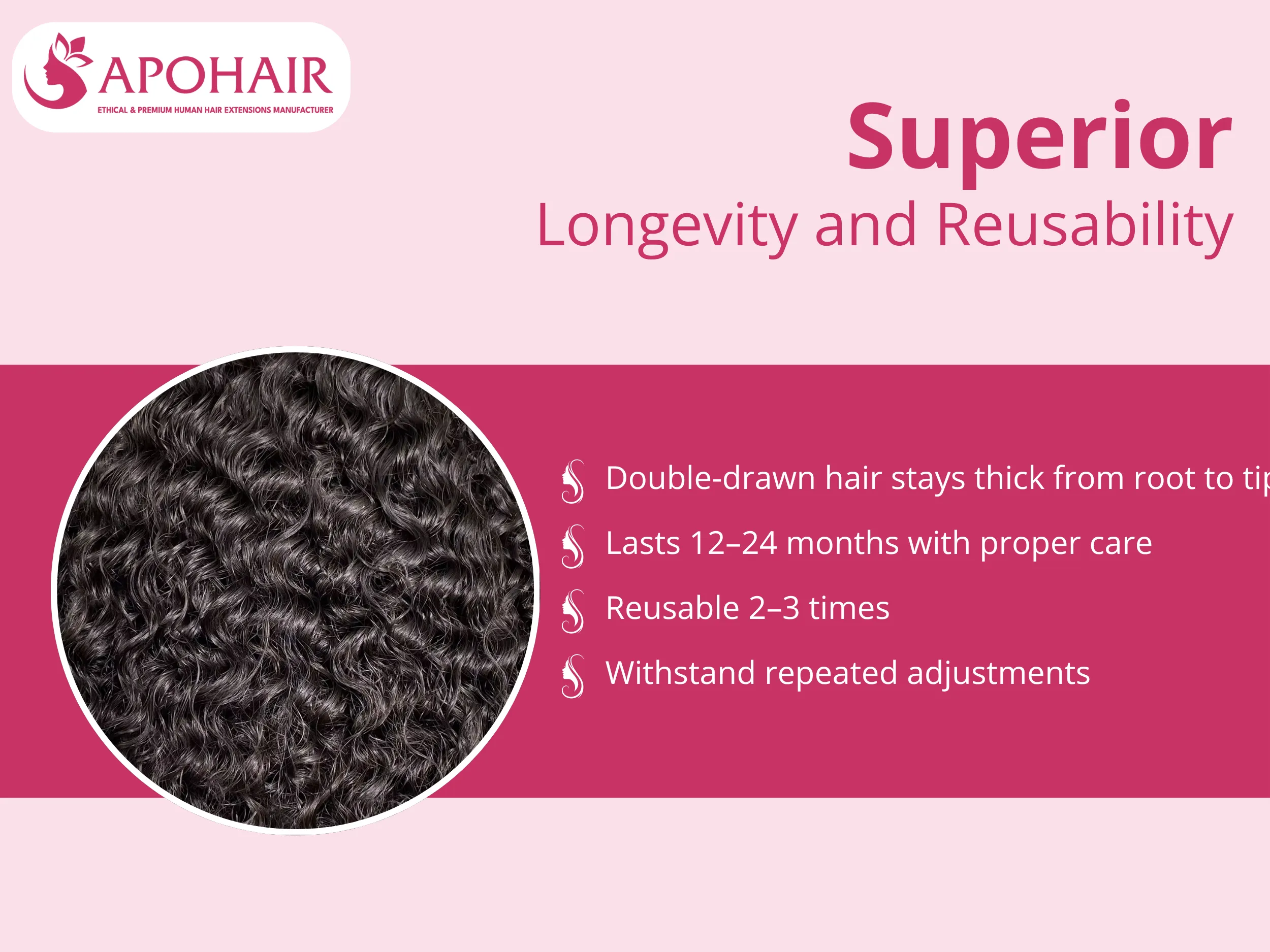 Double-drawn construction maintains consistent thickness from root to tip, preventing the thin, wispy ends