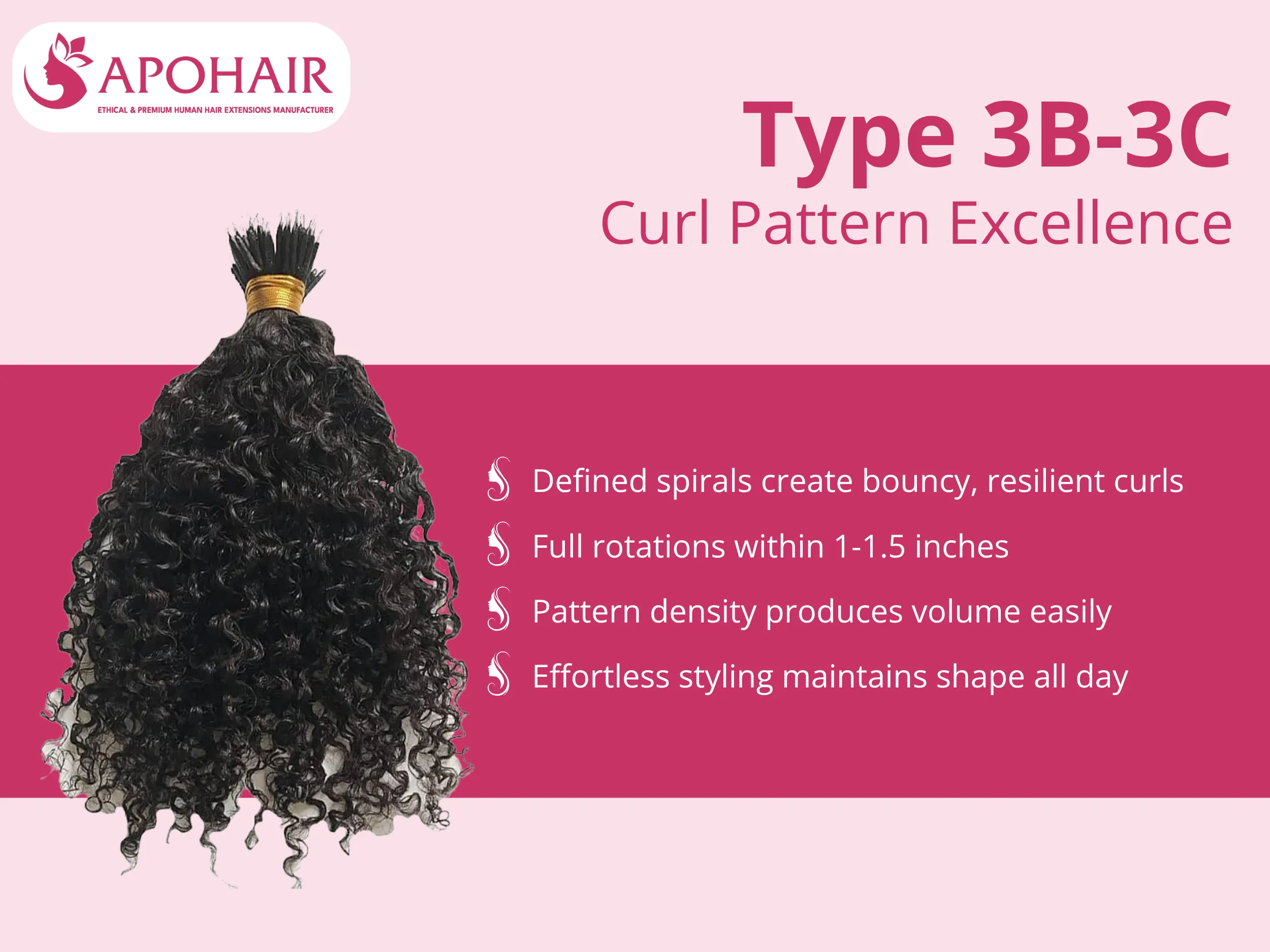 Defined spirals complete full rotations within 1-1.5 inches (2.5-3.8cm), creating bouncy, resilient curls