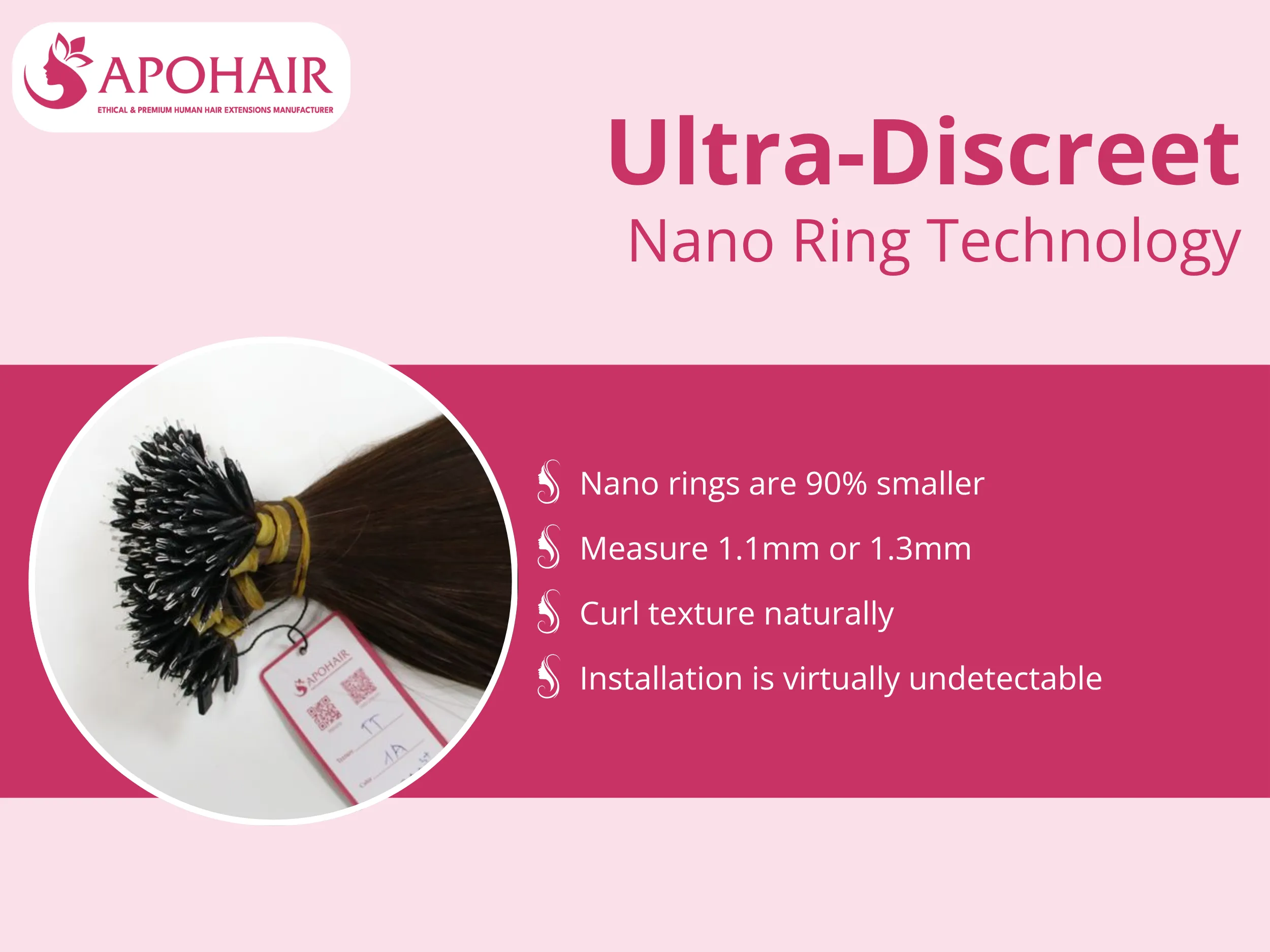Nano rings measure just 1.1mm or 1.3mm—90% smaller than standard micro rings