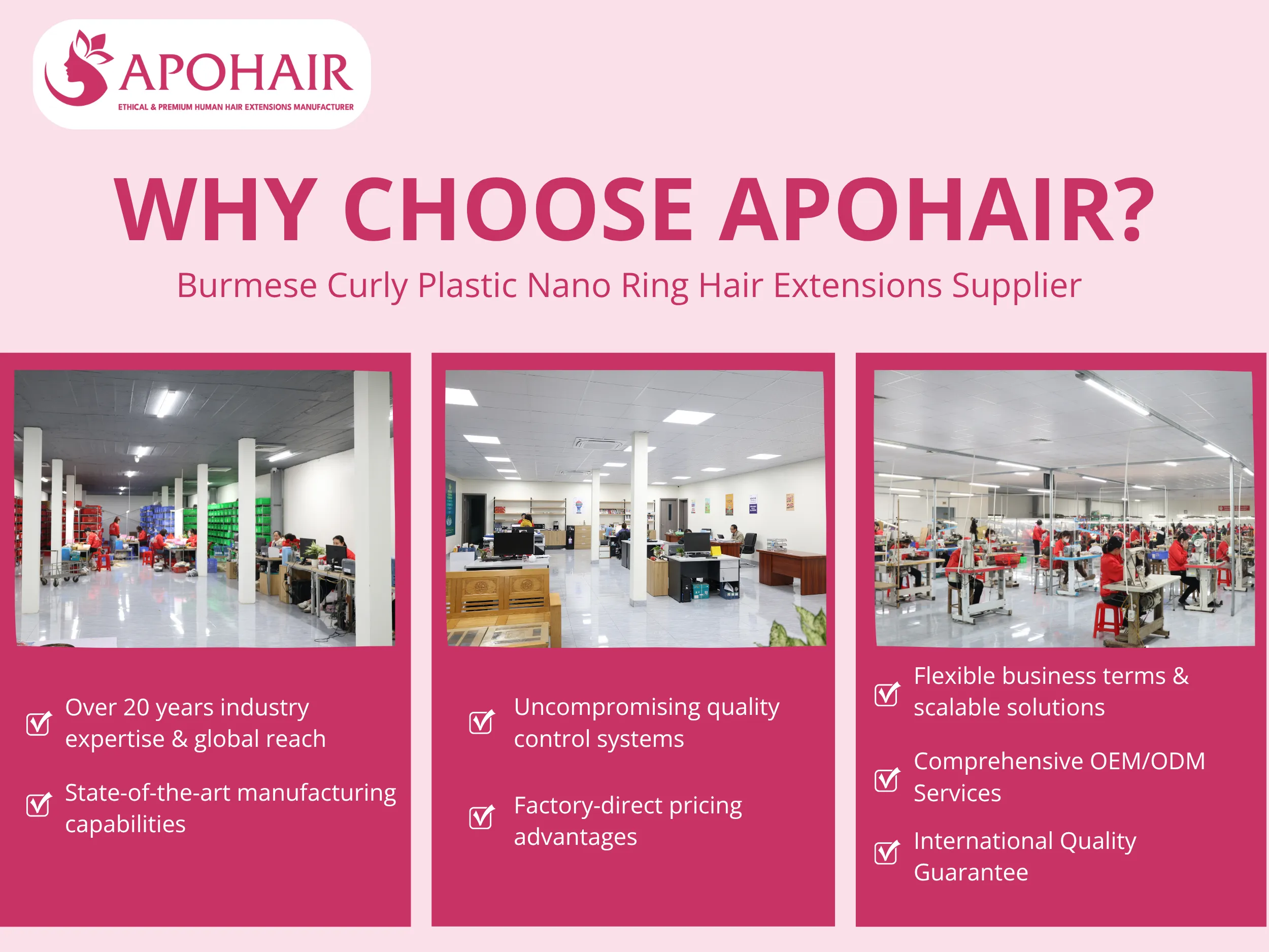 Choose APOHAIR — a trusted Burmese Nano Ring Hair Extension supplier with 20+ years of expertise, OEM/ODM services, and international standards