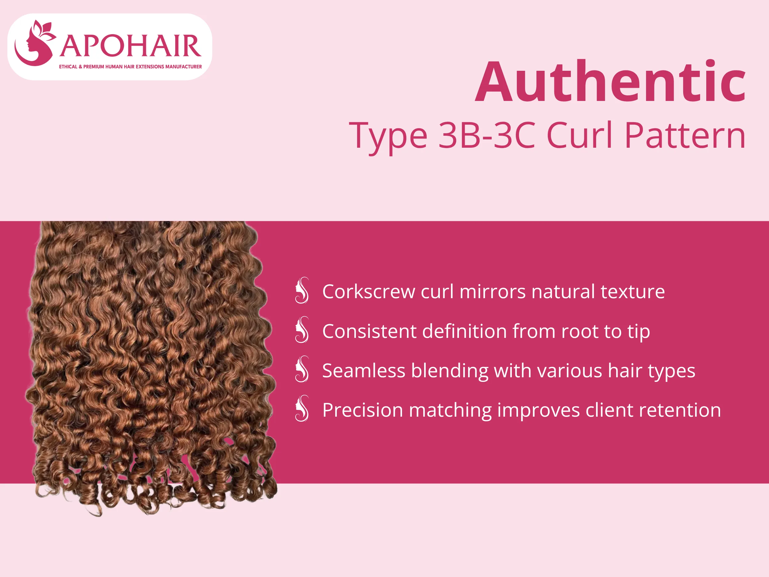 APOHAIR’s 3B-3C curly hair pattern mimics natural corkscrew texture, blends seamlessly, and enhances client satisfaction and retention