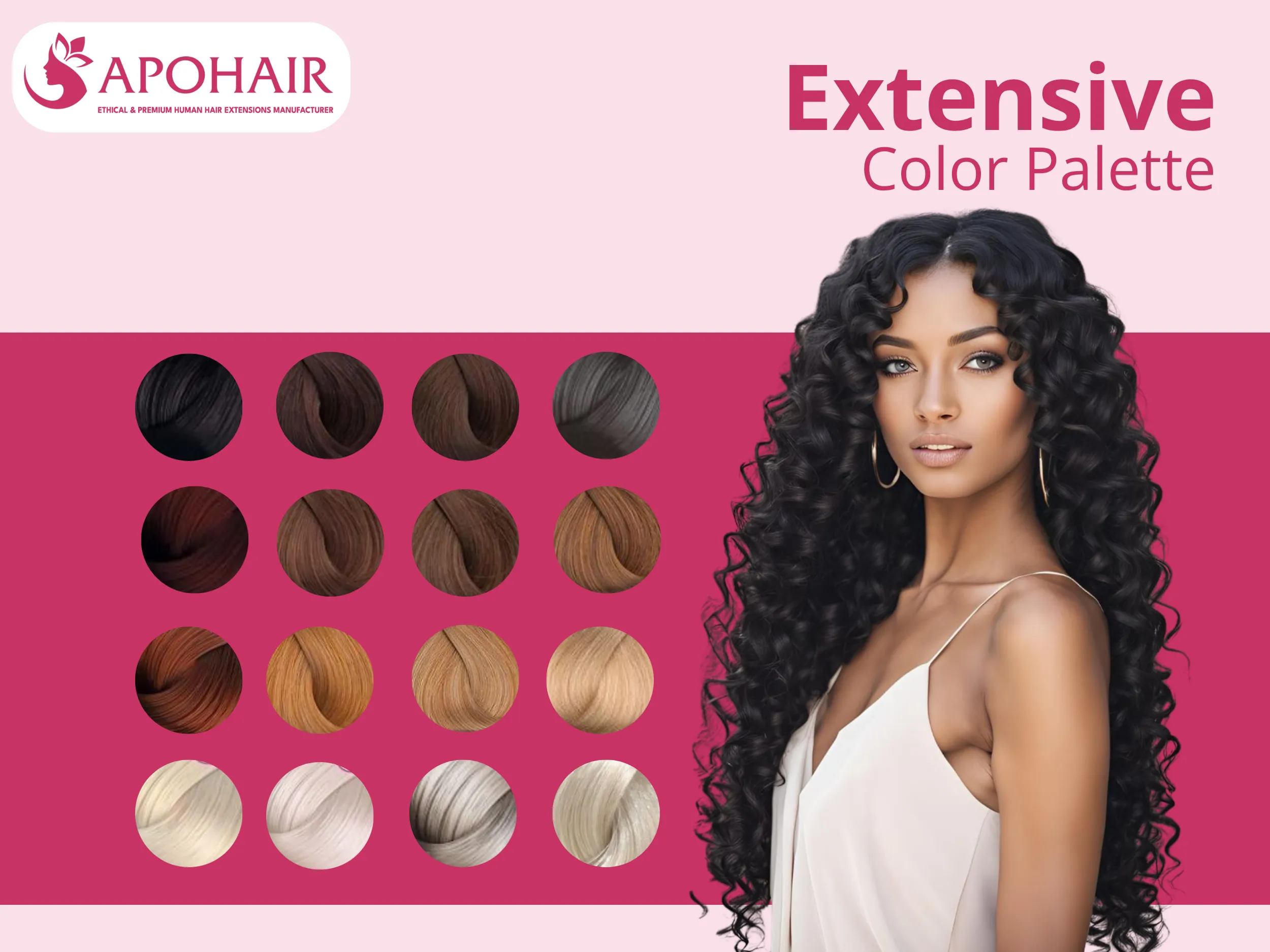 Discover APOHAIR’s extensive color palette with over 15 natural shades — from jet black to platinum blonde — perfect for every skin tone and style