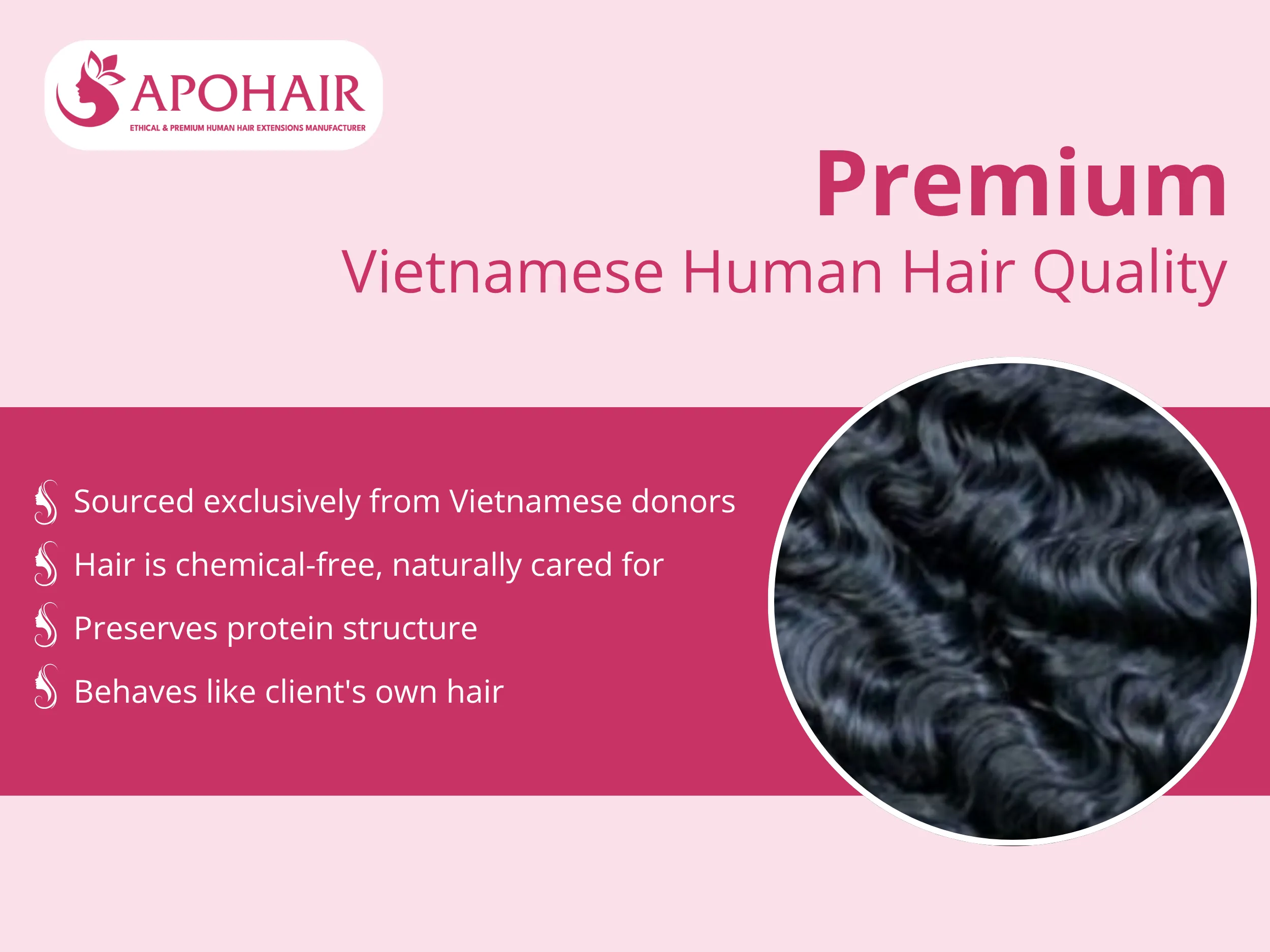 APOHAIR uses ethically sourced Vietnamese human hair — 100% chemical-free, protein-preserving, and behaves naturally like your own hair.
