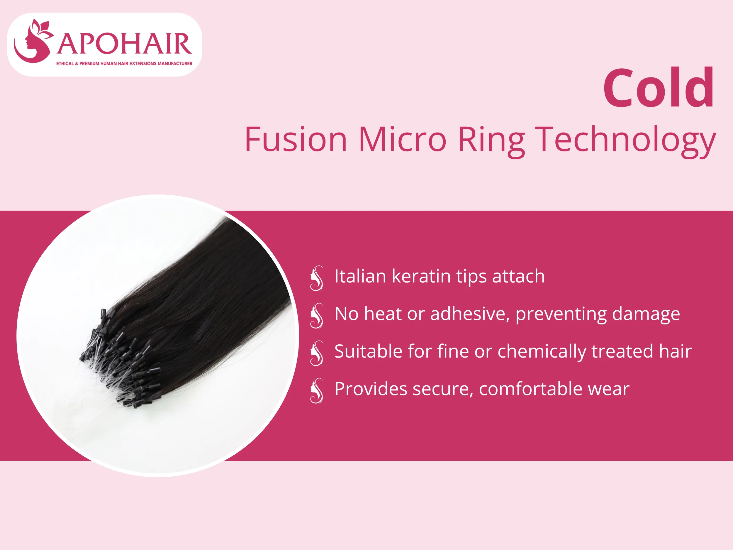 Italian keratin-tipped strands attach through small aluminum or copper rings, eliminating heat and damage