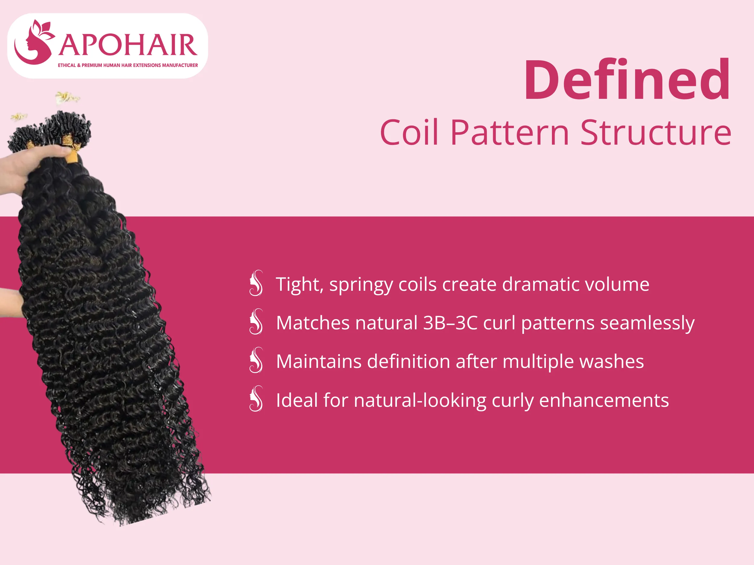 The Deep Curly texture features tight, springy coils that create dramatic volume and authentic bounce