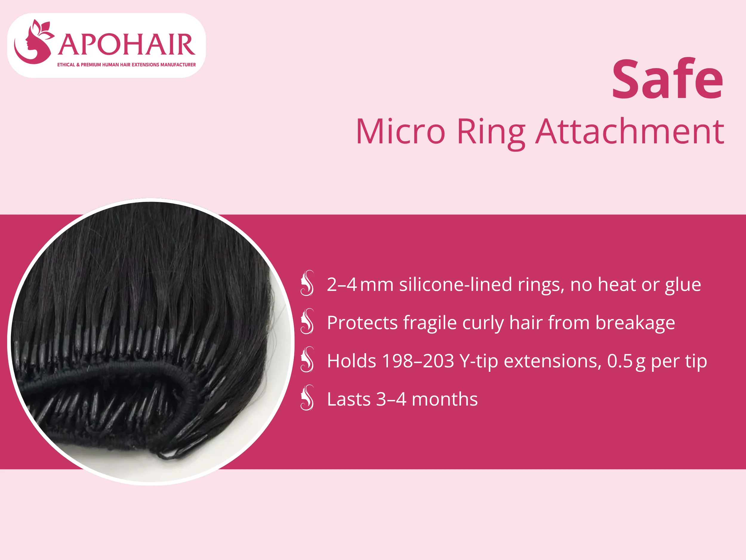 2–4 mm silicone-lined rings secure hair without heat or adhesives, preventing breakage