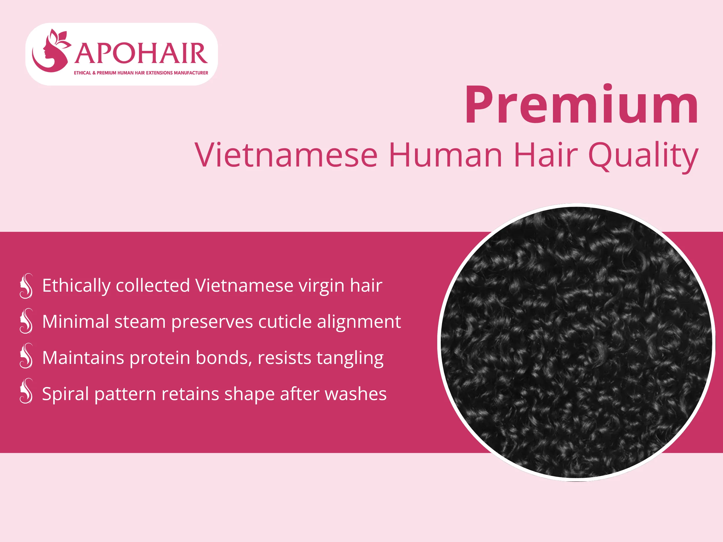 Our Deep Curly Plastic Nano Ring extensions start with ethically collected Vietnamese hair