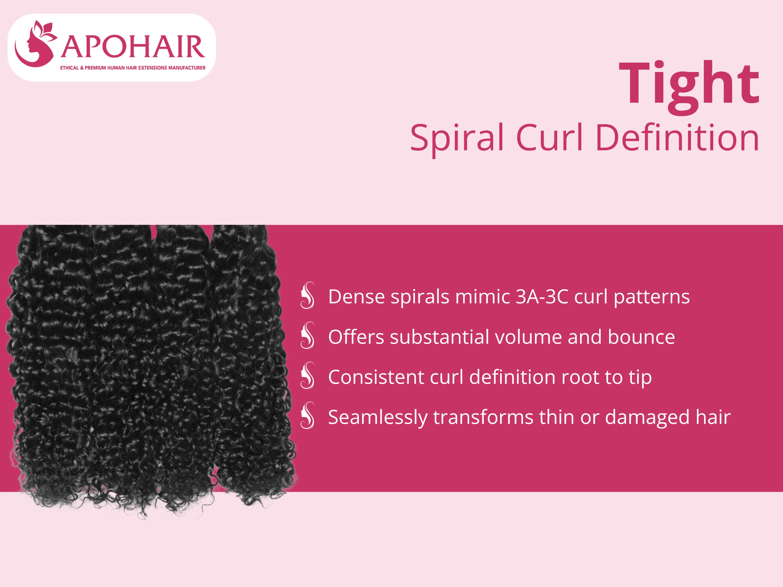 The deep curly texture features small, densely packed spiral formations that mimic 3A-3C natural curl patterns