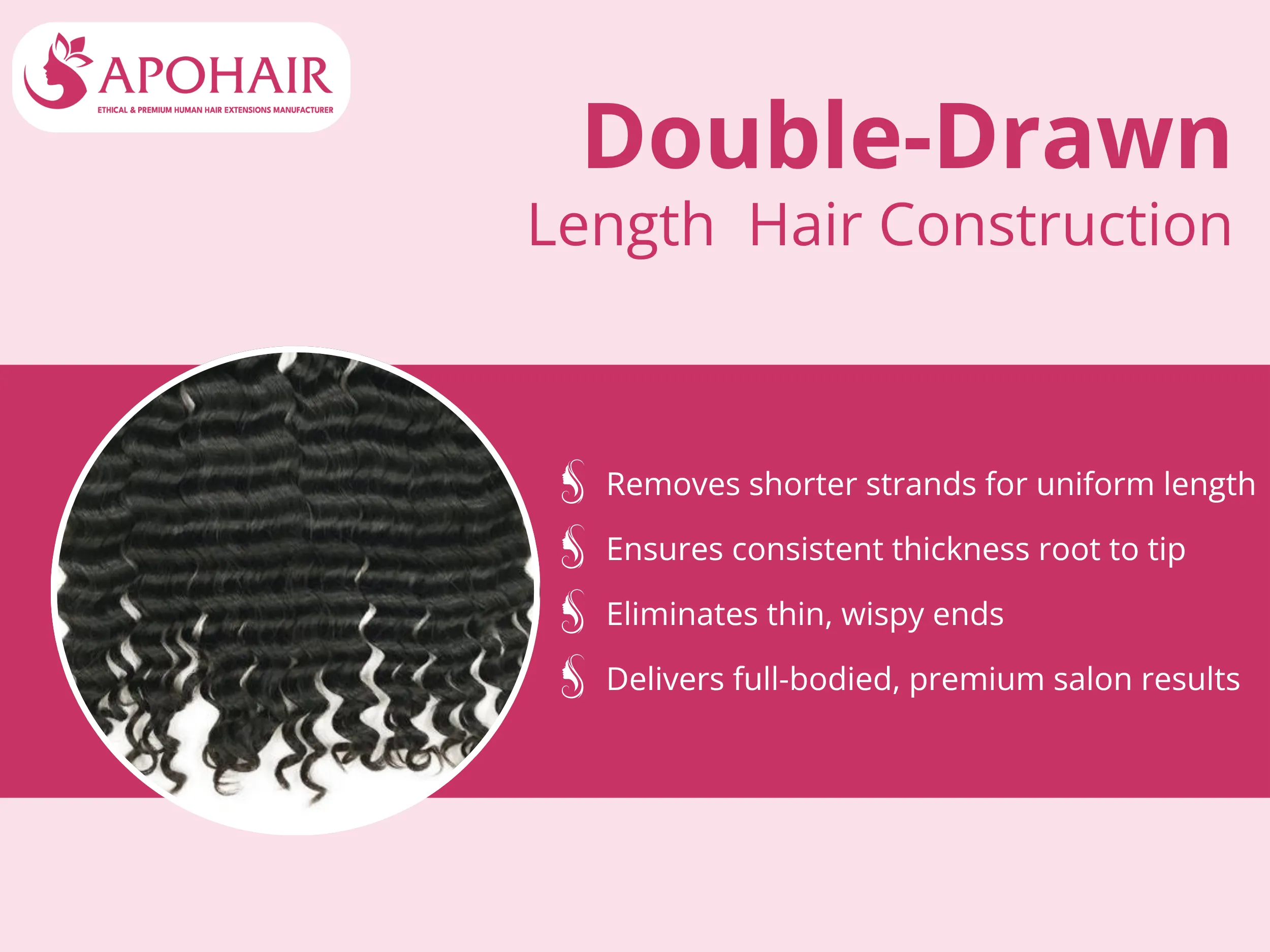 Super-double-drawn processing ensures uniform thickness from root to tip across 14 lengths (15–81 cm)