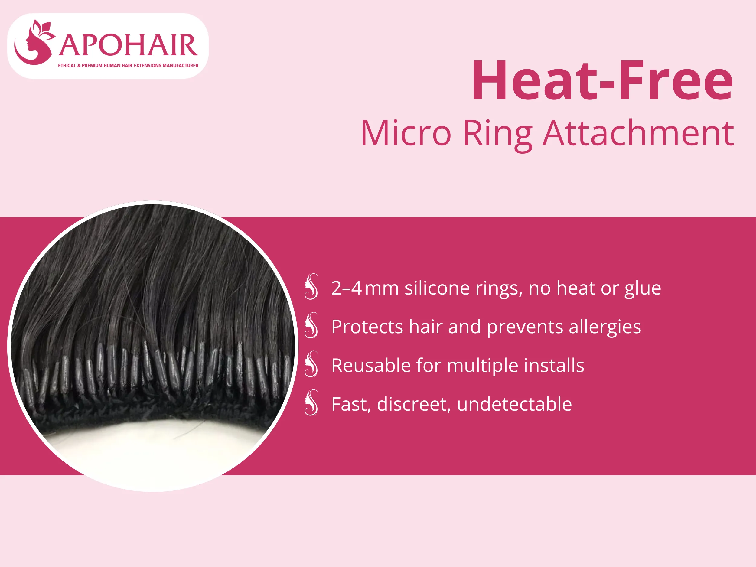 2–4 mm silicone-lined rings attach extensions without heat or adhesives, protecting hair and clients