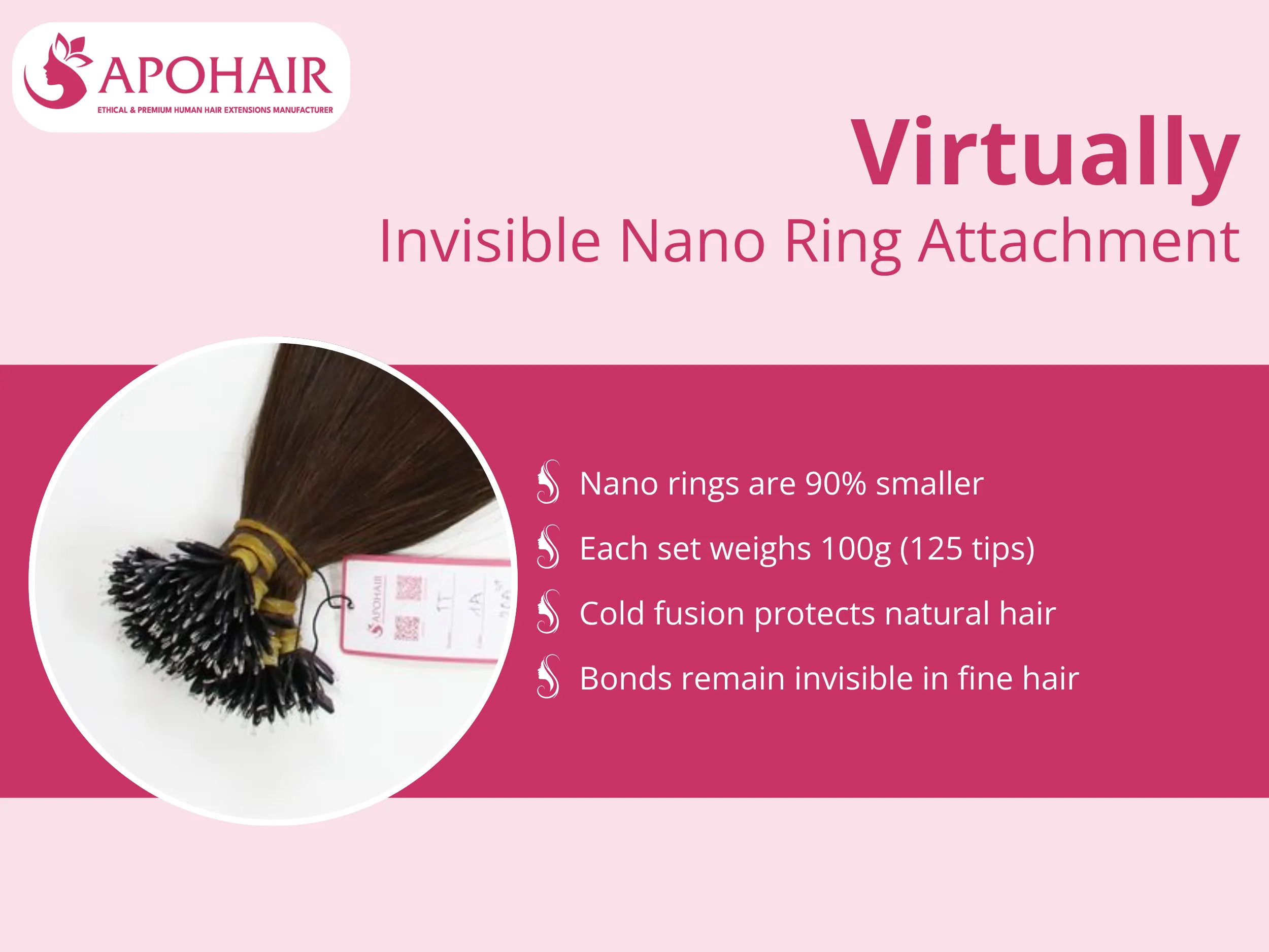 Nano rings measure 90% smaller than traditional micro rings, with each set weighing approximately 100g (125 tips) depending on hair length
