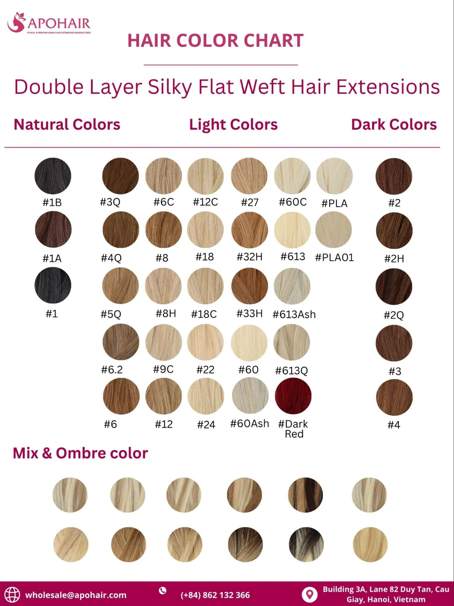 APOHAIR offers over 35 hair colors for double layer silky flat weft hair extensions for all styles