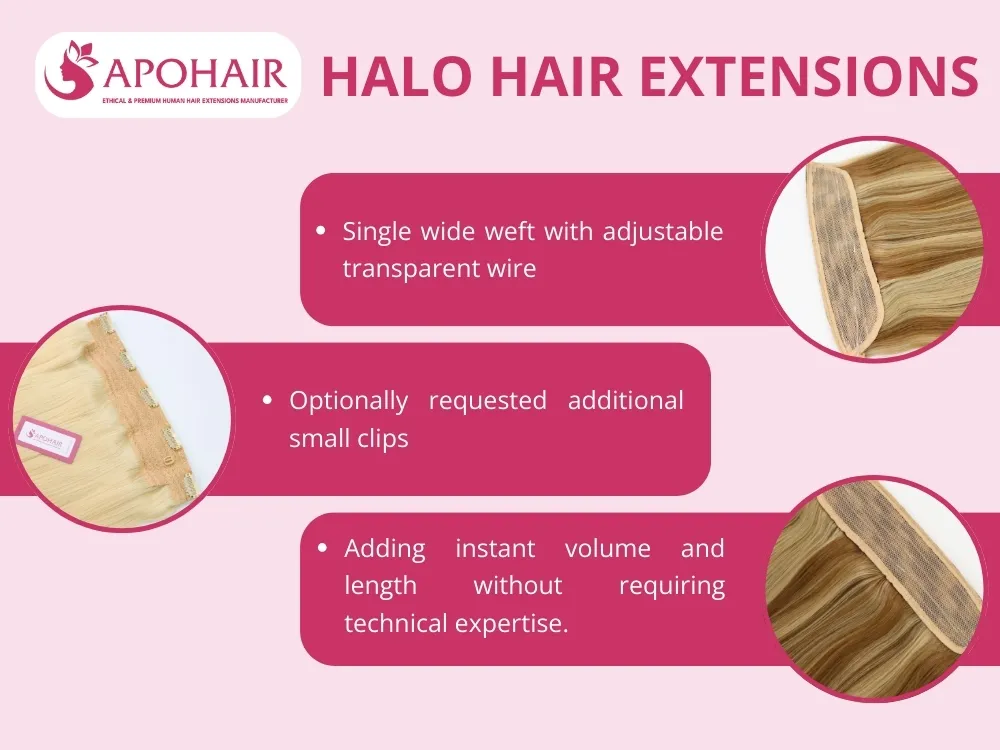 Halo Hair Extensions feature a single wide weft with adjustable transparent wire like an invisible headband