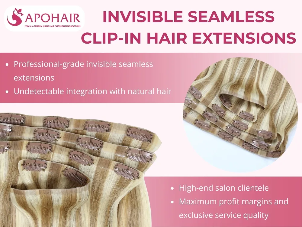 Professional-grade invisible seamless extensions feature micro-thin bands and advanced clips for undetectable integration