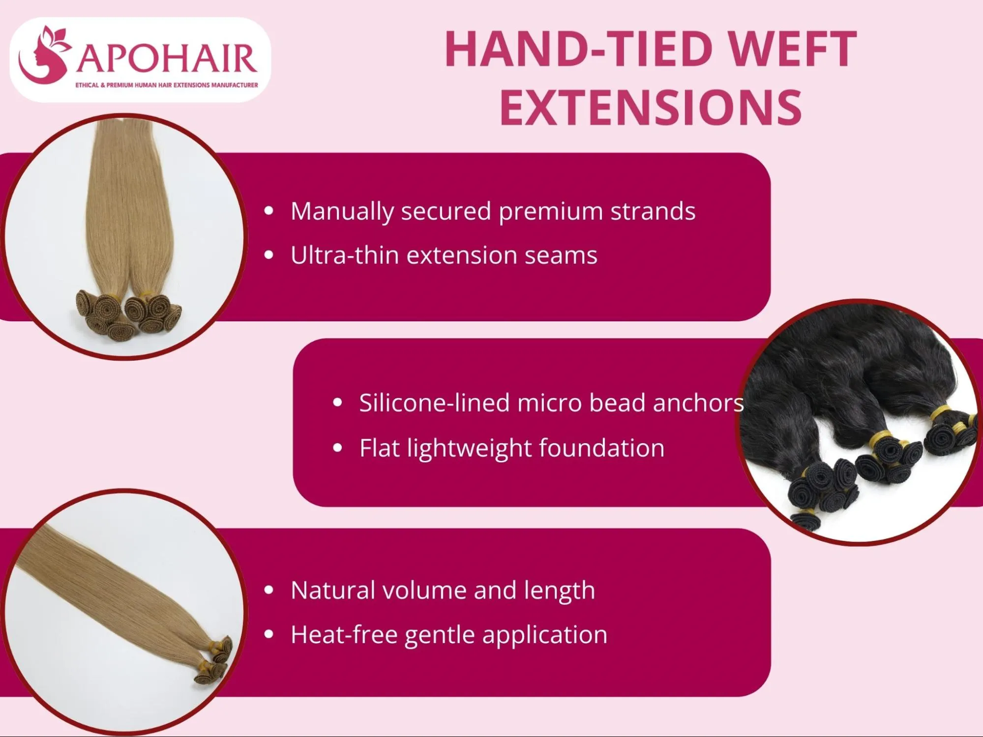 Hand-tied weft extensions are thin, handmade extensions sewn to natural hair
