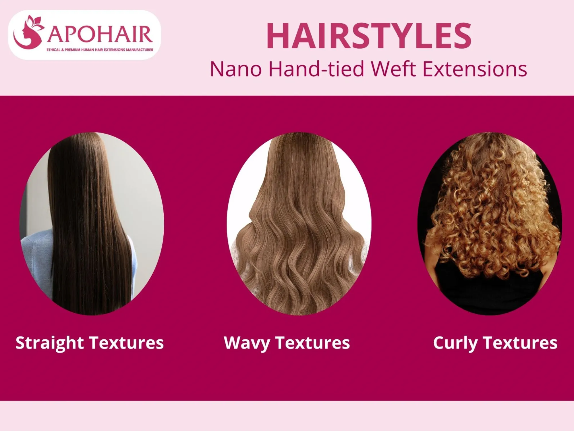 APOHAIR offers Nano Hand-tied Weft Extensions in 12 textures, including straight, wavy, and curly