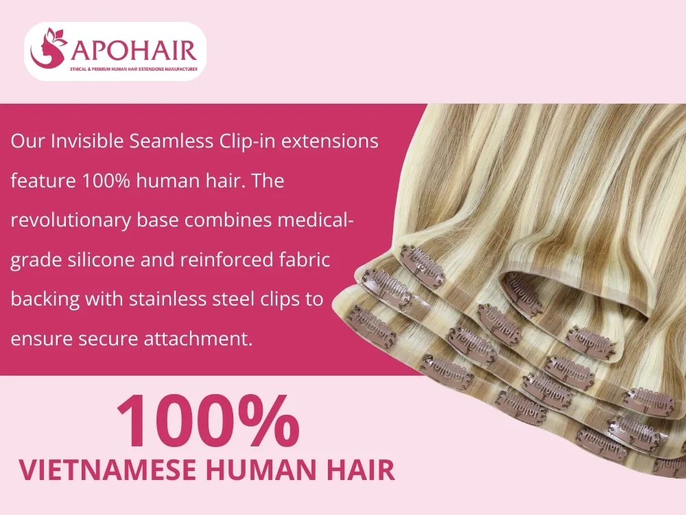 Our invisible seamless clip-in extensions use 100% human hair from single donors for longevity and movement
