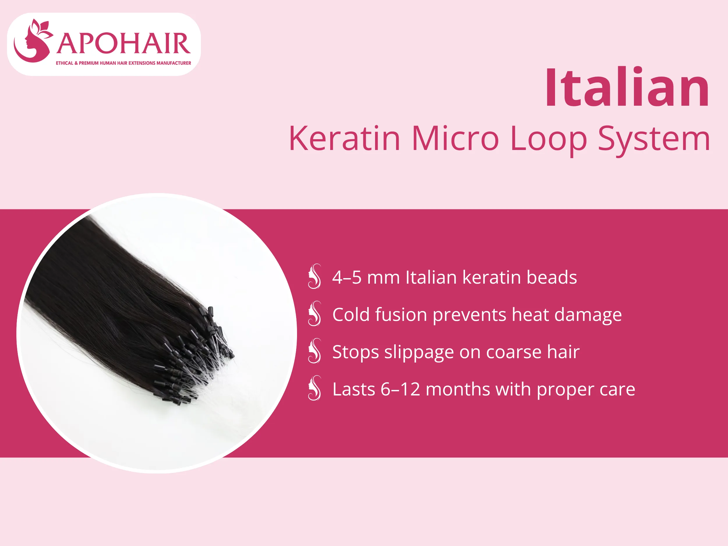 4–5 mm Italian keratin beads provide discreet, evenly balanced attachment points