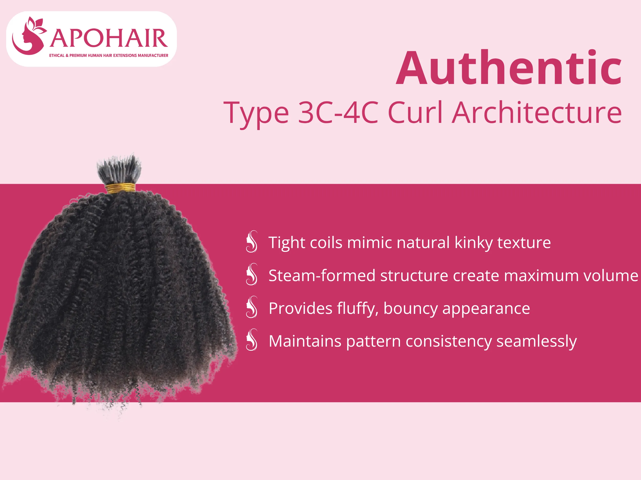 Tight corkscrew coils and dense spiral patterns replicate natural kinky textures with remarkable precision