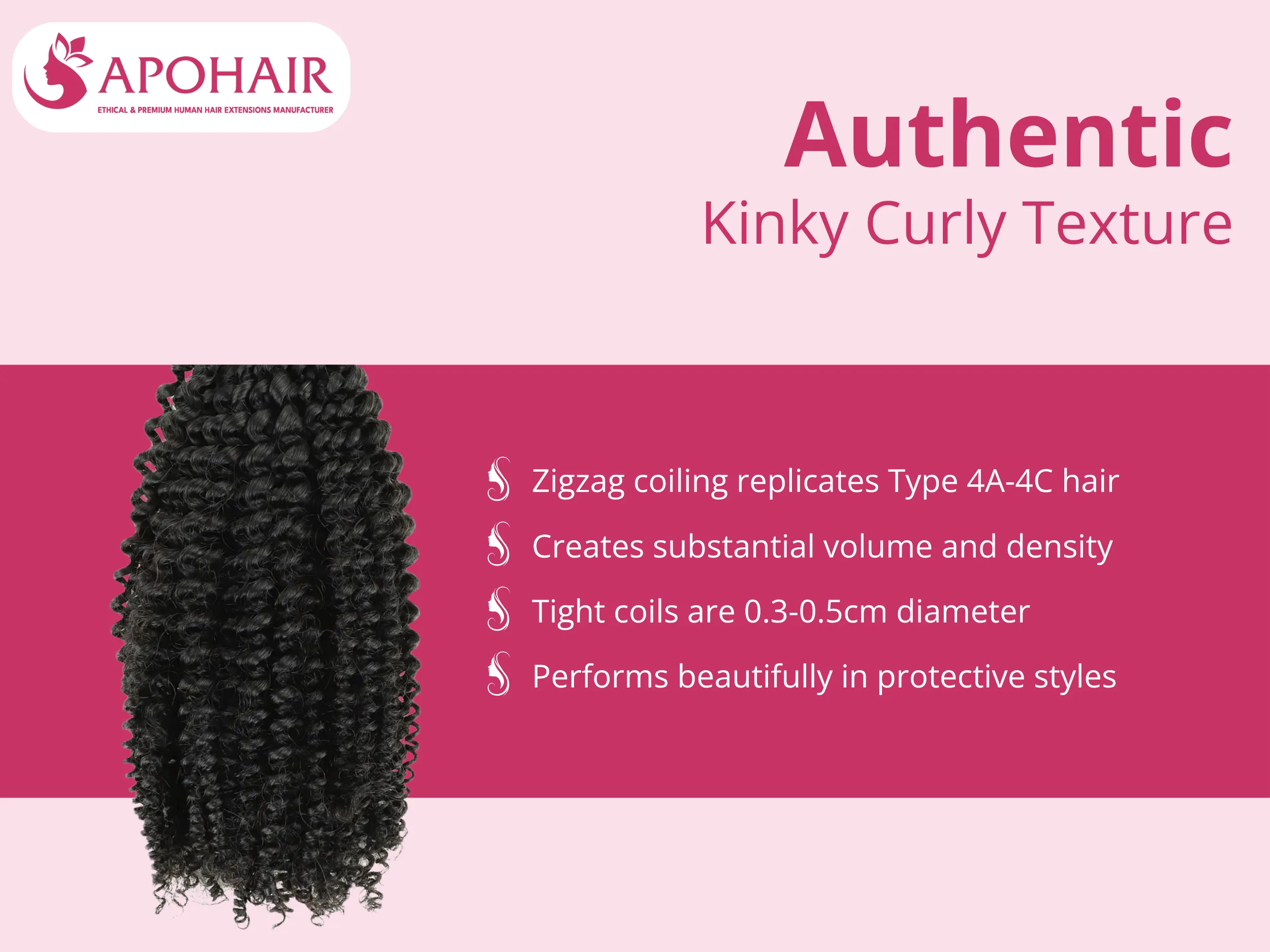 The zigzag coiling pattern replicates Type 4A-4C hair textures with precision, creating substantial volume and density