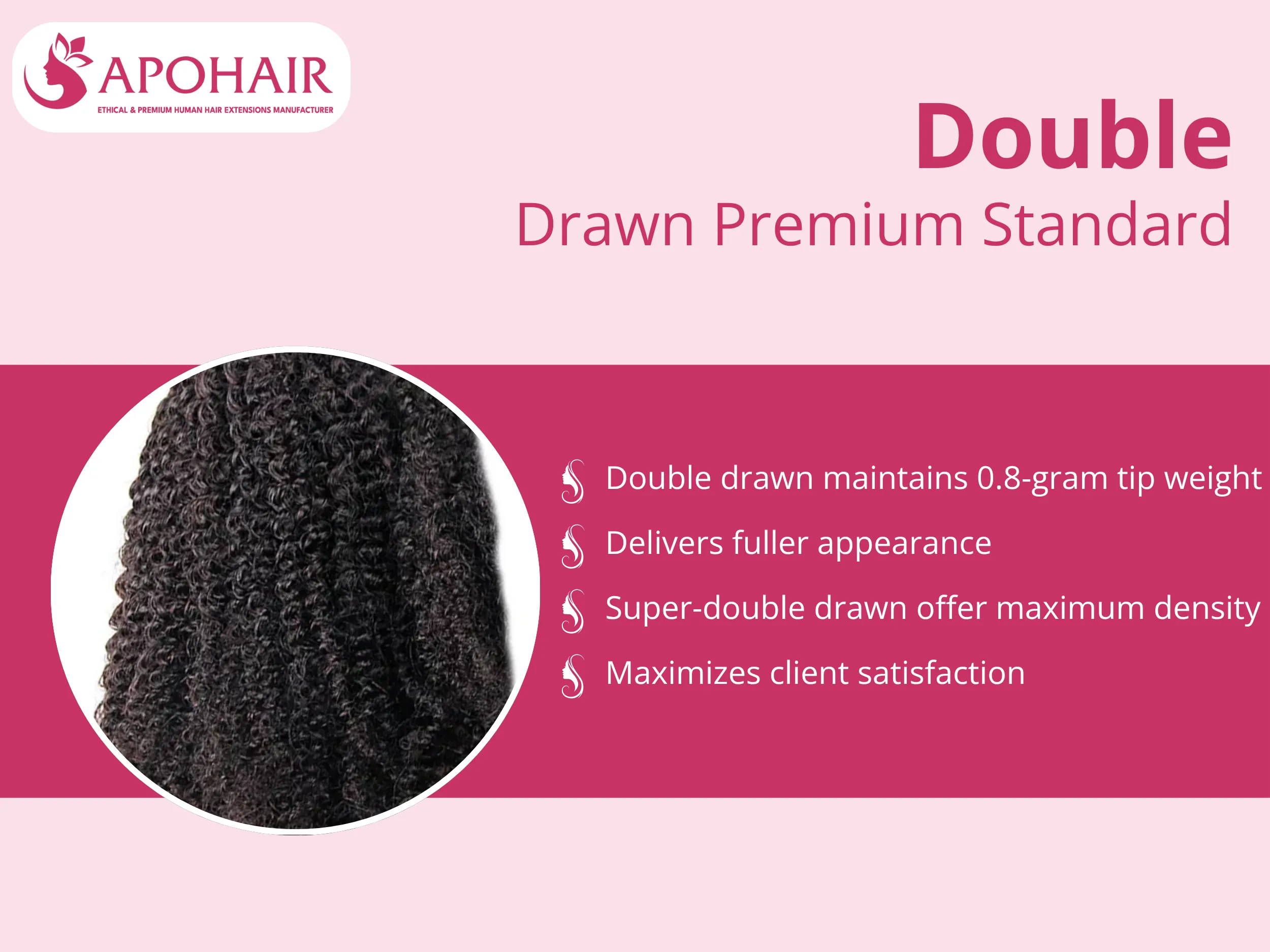 Double drawn processing maintains consistent 0.8-gram weight per tip with minimal short hair content