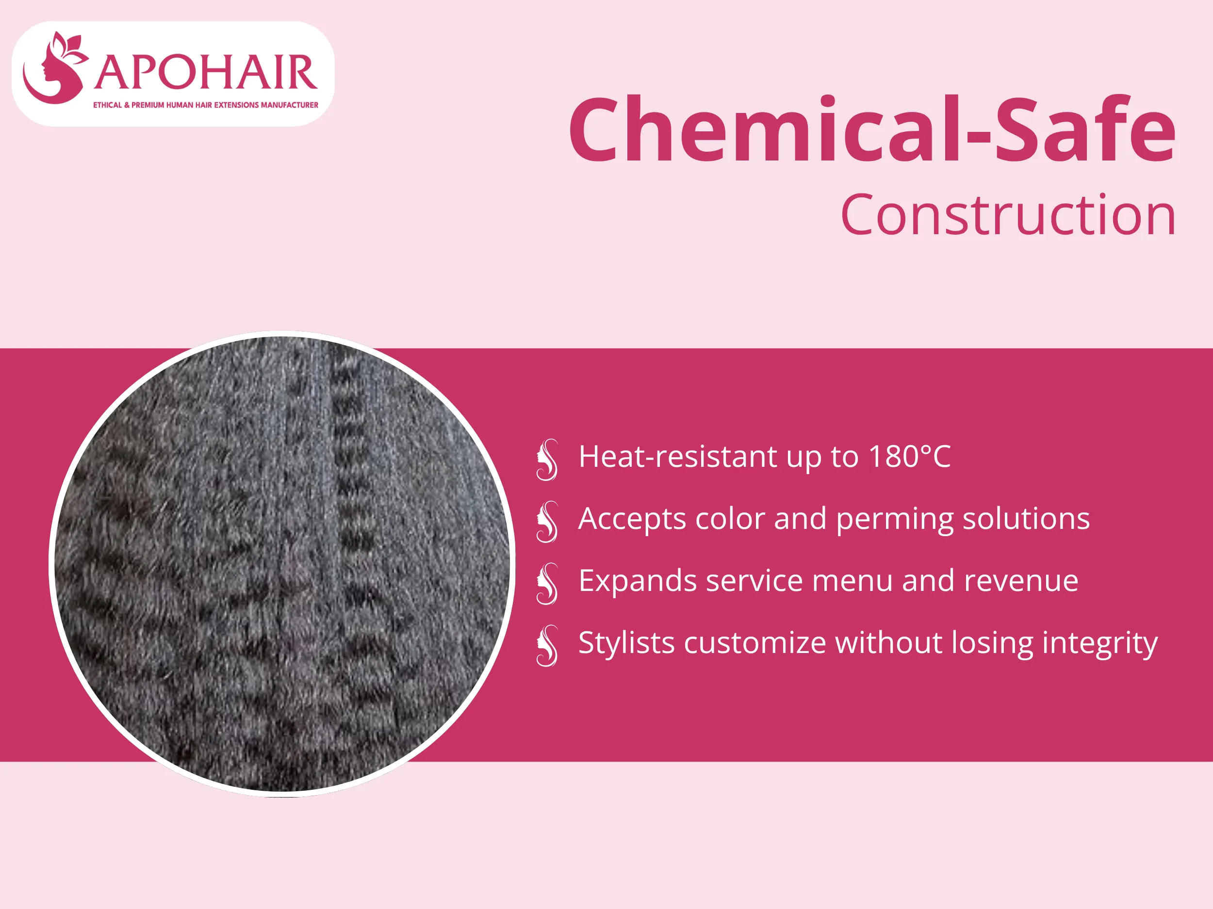 Heat-resistant up to 180°C, accepts color treatments, perming solutions, and thermal styling tools