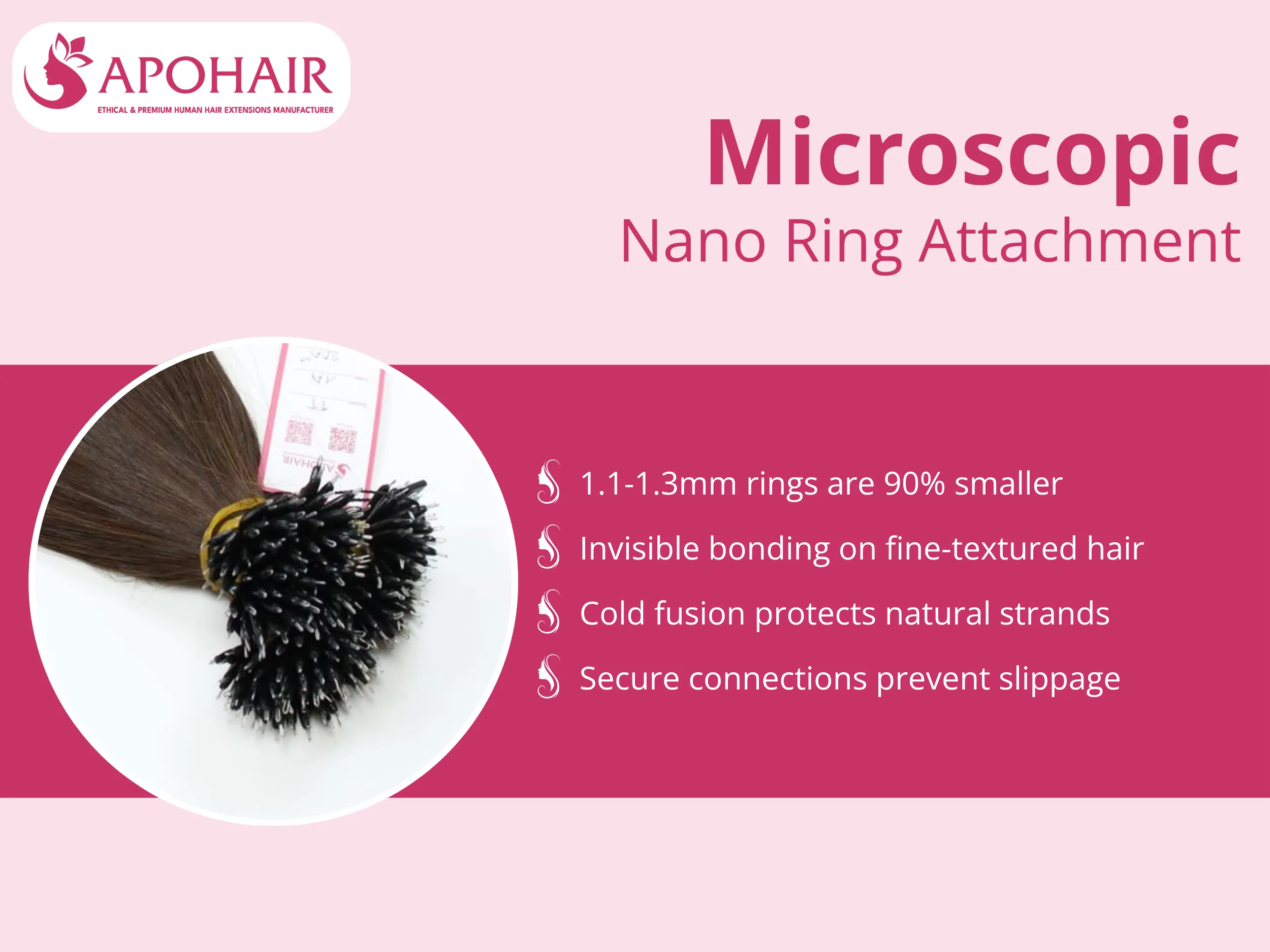 Italian keratin rings measuring 1.1-1.3mm diameter provide invisible bonding points, 90% smaller than micro rings
