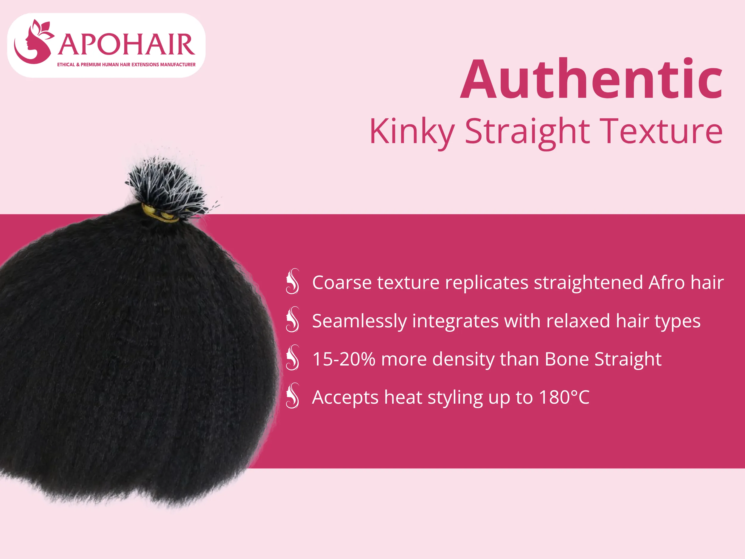 The coarse texture replicates natural Afro-textured hair after thermal straightening or blow-drying