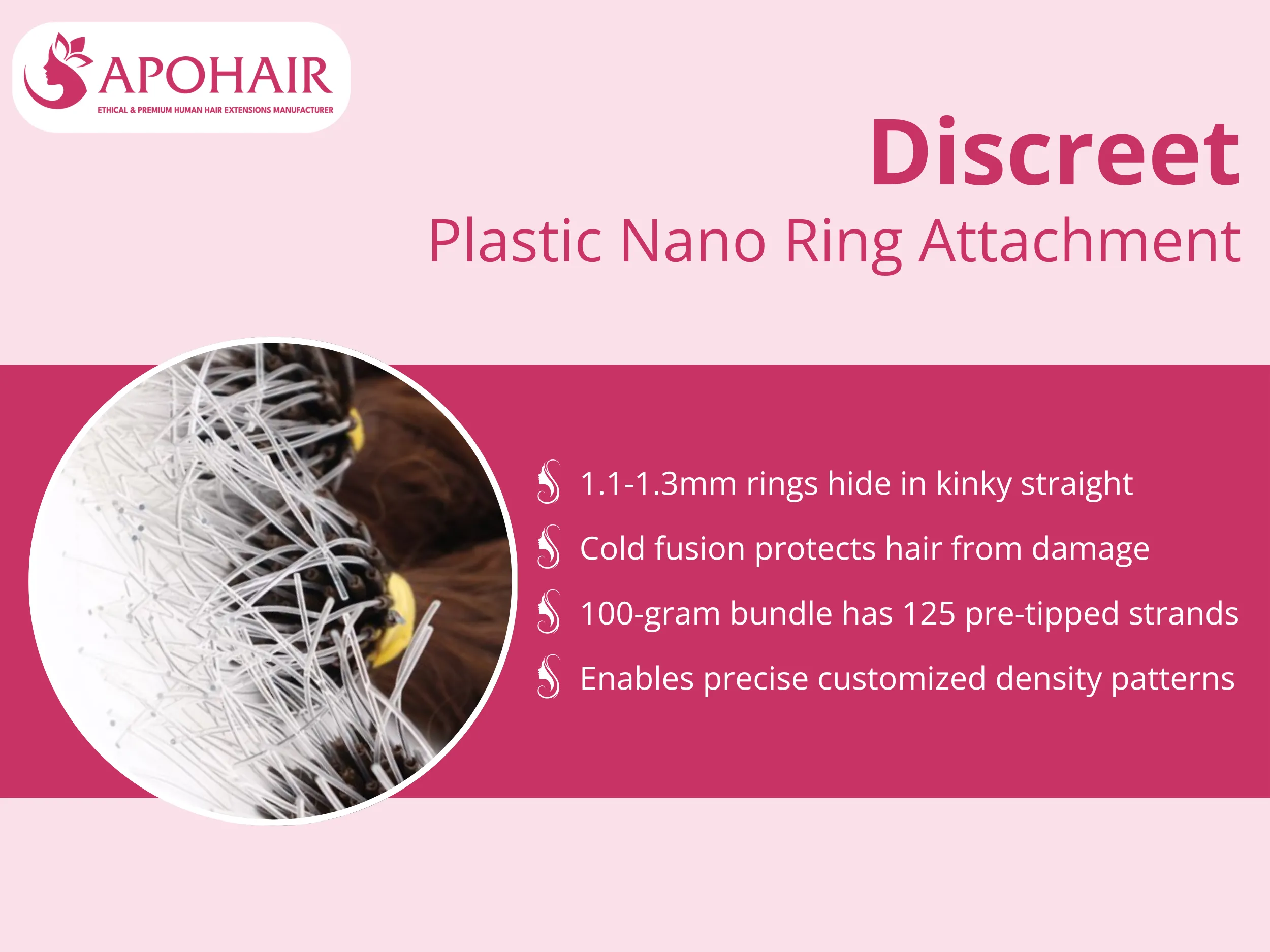 Ultra-small plastic rings measuring 1.1mm to 1.3mm in diameter create virtually invisible attachment points