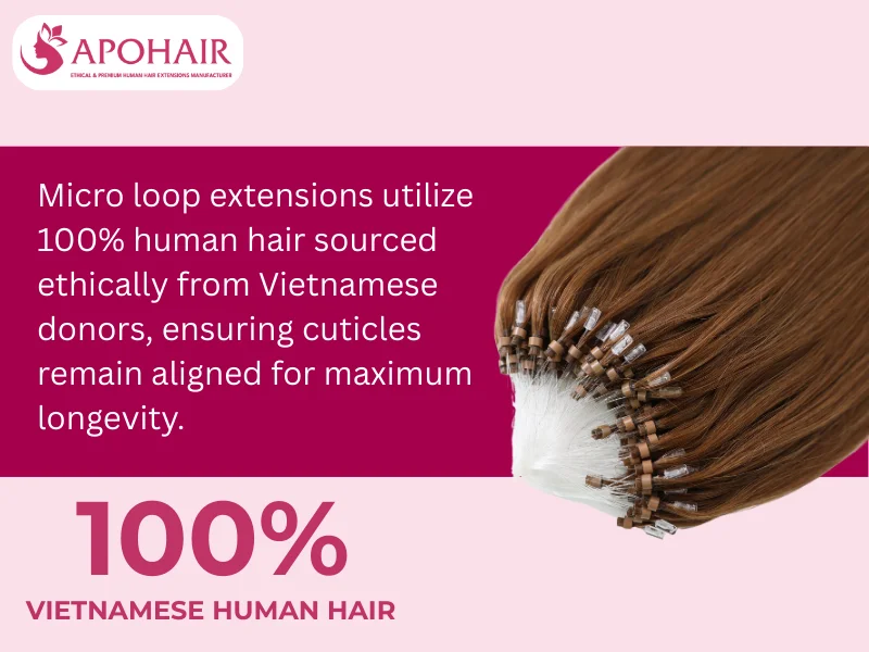 Micro loop extensions are ethically sourced Vietnamese hair with aligned cuticles