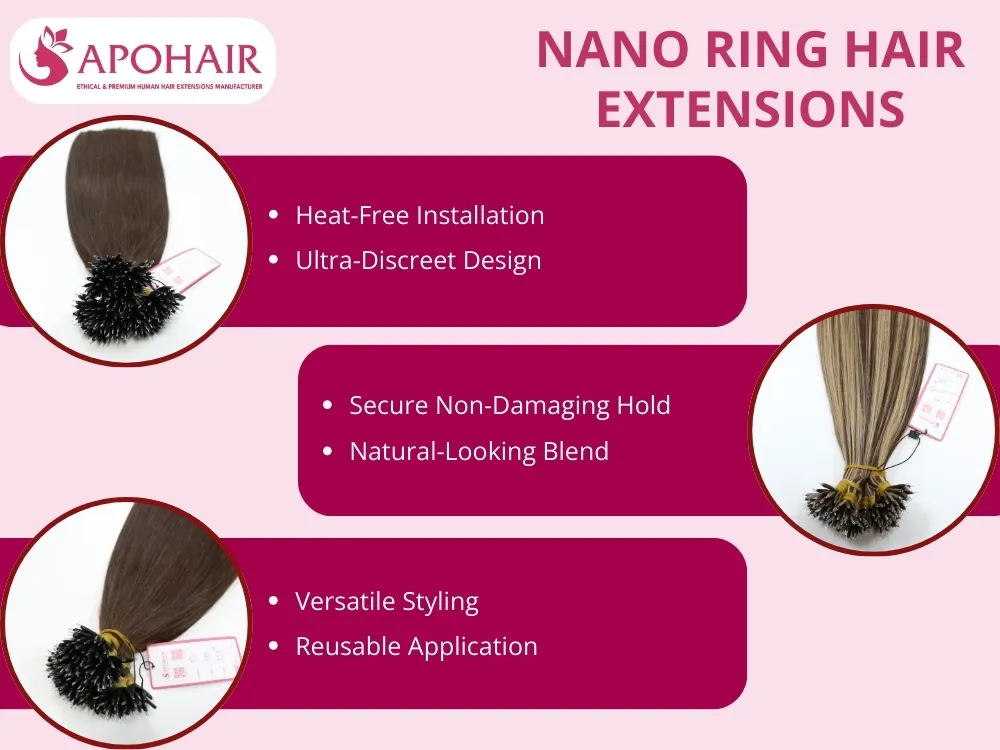 Nano ring extensions use tiny, 2mm aluminum rings to attach hair to the scalp